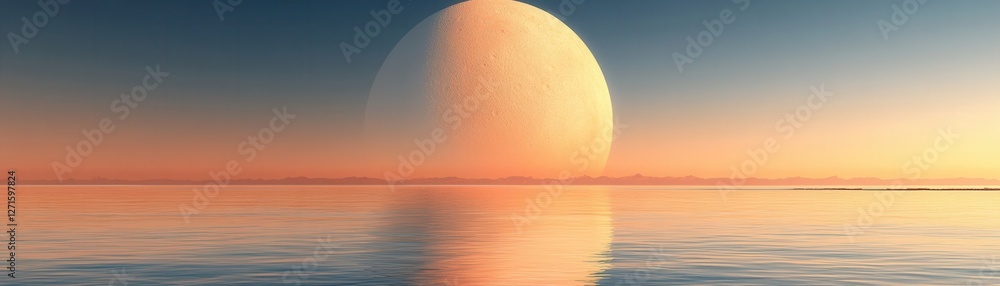 Poster a serene sunset scene with a large celestial body reflecting on calm waters, creating a tranquil and