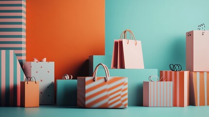 A dynamic composition featuring gentle shadows and a simple background featuring a shopping bag and a variety of product package boxes in three dimensions 