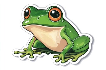 A vibrant green frog sits gracefully, showcasing its large, expressive eyes and glossy skin. The illustration exudes liveliness and captures the essence of nature's beauty.