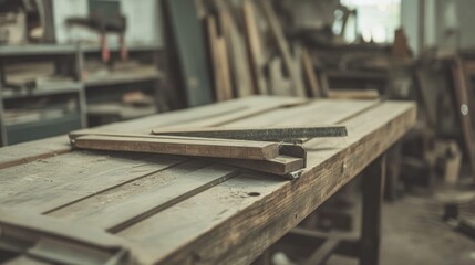 Wooden workbench with tools and materials in a workshop