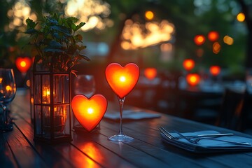 Romantic outdoor dining setup featuring heart-shaped candles and glowing lanterns at sunset