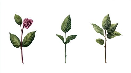 Obraz premium Flowers and plants science popularization illustration, hand drawn realistic picture book, 3 leaves, natural coordination, high detail.