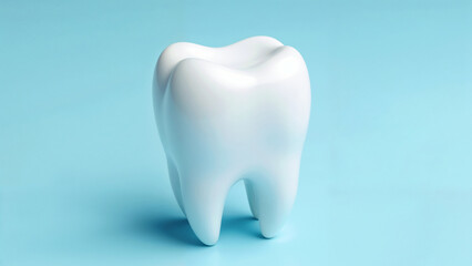 Model of a white tooth on a light blue background showcasing dental care and hygiene practices
