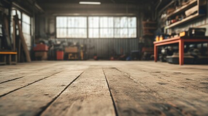 Wooden workshop floor, daylight through windows. Interior shot. Use stock photo
