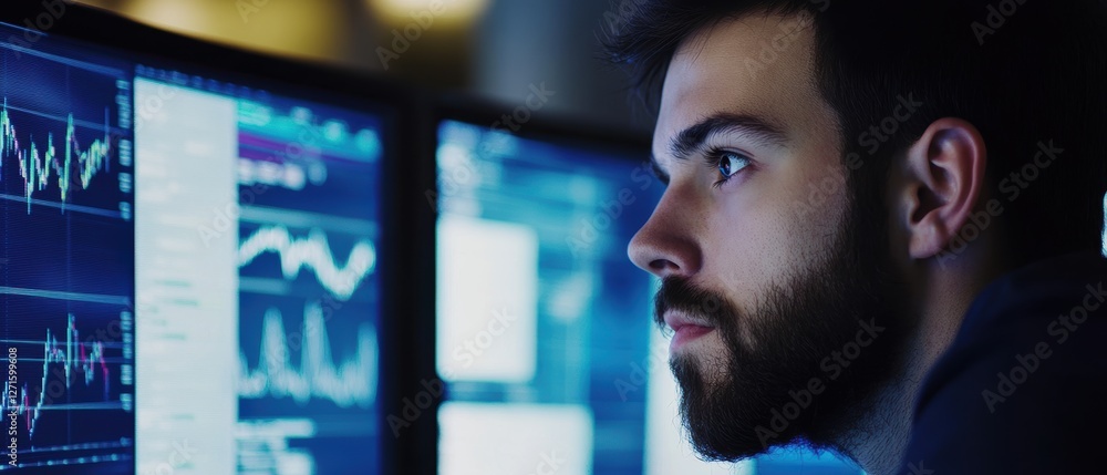 Poster data analyst working on multiple computer screens with analytics and stock market graphs in a modern