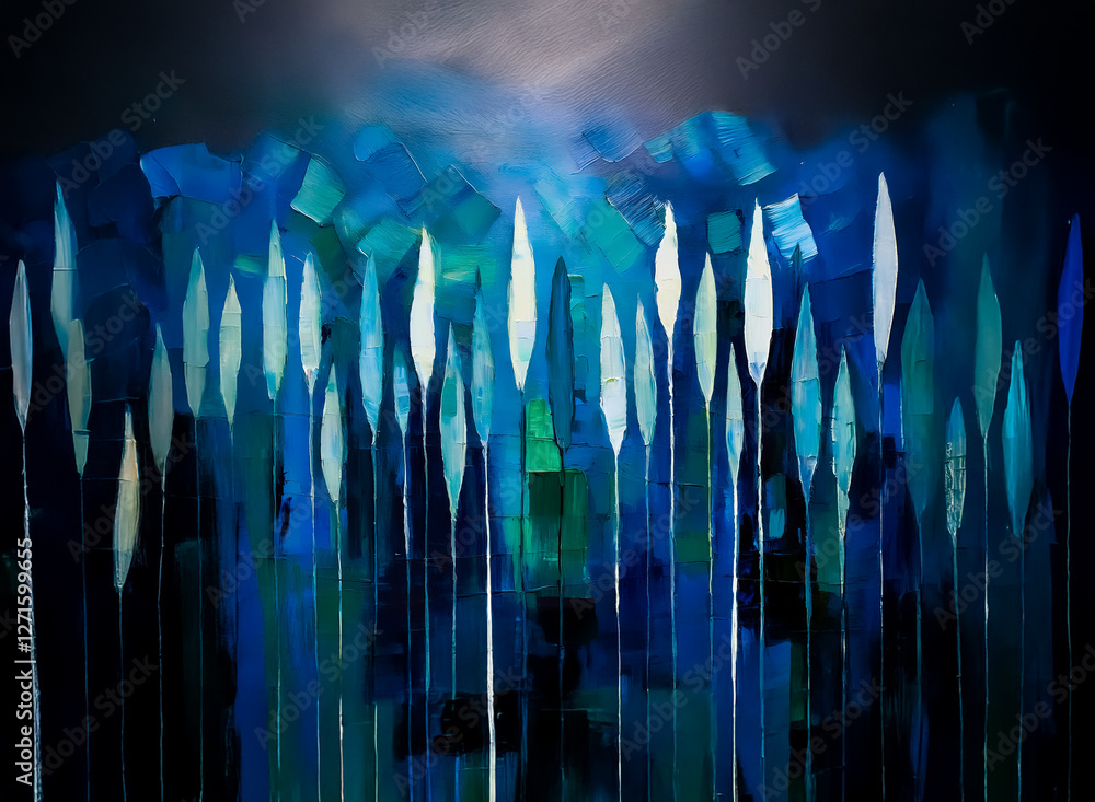Poster abstract vertical forms in shades of blue and green create a dynamic composition against a dark back