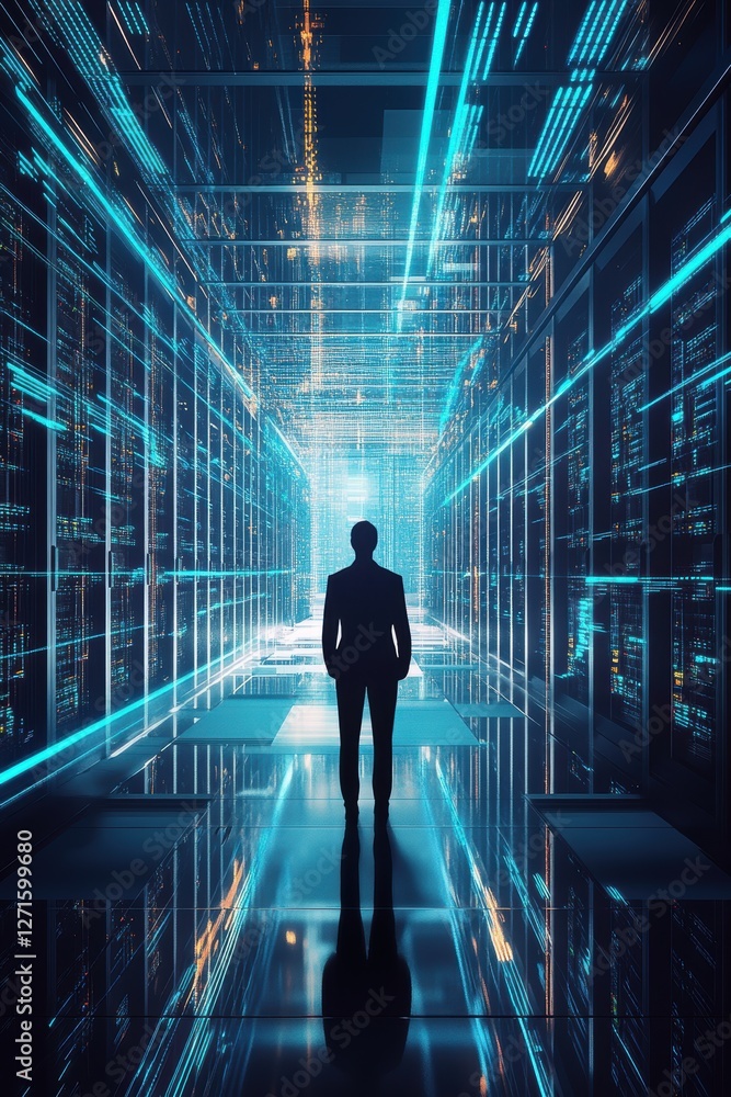 Poster data center silhouette with glowing lines representing technology, digital transformation, and netwo