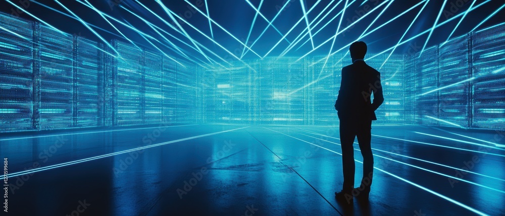 Poster data center technology silhouette with neon lights, digital network infrastructure, cloud computing,