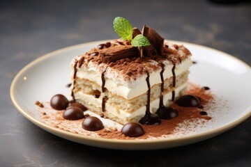 A close-up of a tiramisu cake slice, highlighting its layered composition and coffee bean garnish, set against a white dish