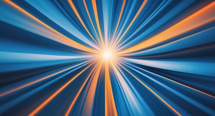 Dynamic and energetic abstract background with blue and orange rays converging in a bright central point.