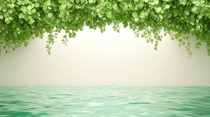 Obraz premium A serene image featuring lush green leaves hanging over tranquil turquoise waters, creating a peaceful natural scene.