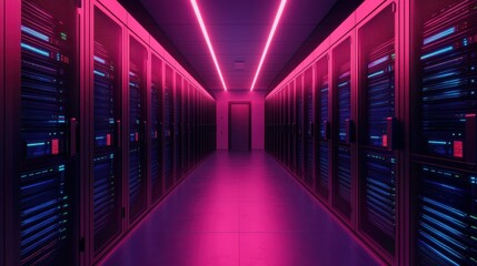 Fototapeta premium Futuristic Data Center with Neon Lighting and High-Tech Server Racks in a Modern Technology Environment