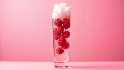Refreshing raspberry drink topped with frothy foam on a soft pink background