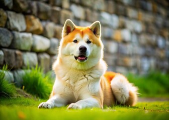 Akita Inu Dog Portrait: Relaxing on Lush Green Grass