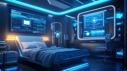 Obraz premium Futuristic Hospital Room: A Modern, High-Tech Hospital Room with Advanced Medical Equipment, Neon Lighting, and a Clean, Sterile Environment, Emphasizing Healthcare Innovation, Technology, and Patient