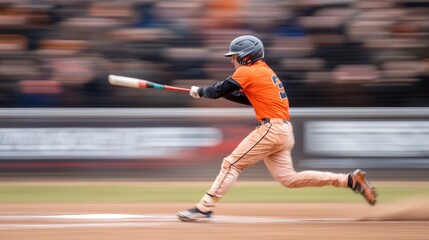Baseball Player Swinging for Home Run in Blurred Crowd