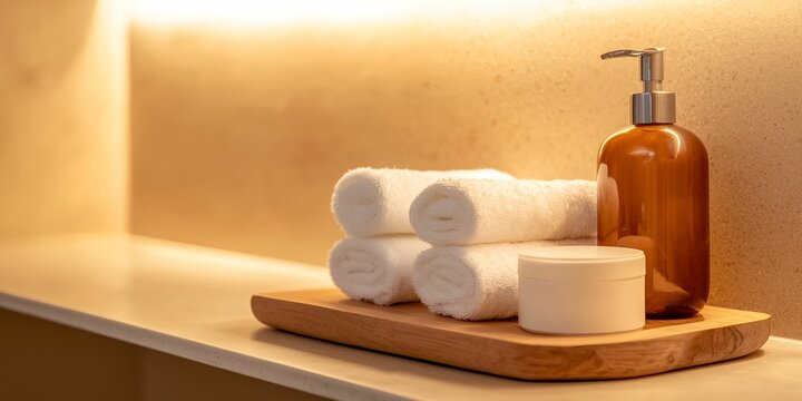 Decluttering tips concept. Cozy spa setting with rolled towels, a cream jar, and a soap dispenser on a wooden tray.
