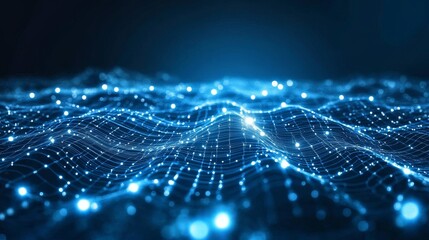 Blue Glowing Network On Dark Background. Abstract Science, Technology, And Engineering Concept