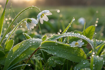 bountiful dewdrops that adorned leaves and petals created a glistening , showcasing plentiful vegetation and nature's morning adornment