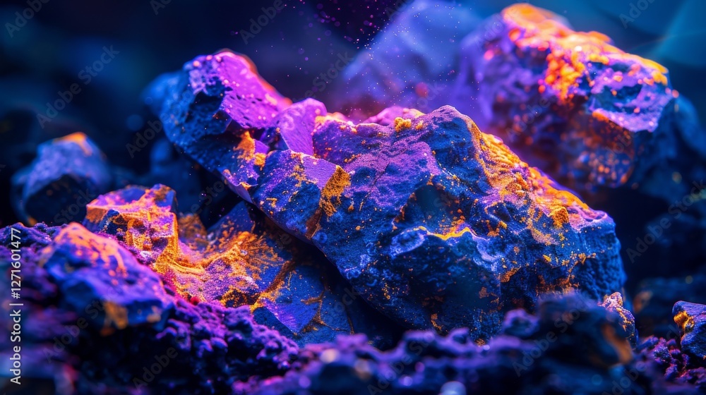 Poster colorful mineral formations are highlighted under ultraviolet light, revealing fascinating textures 