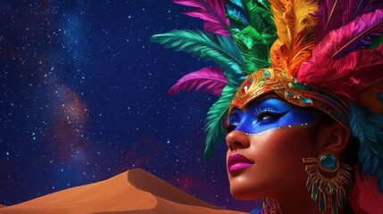 Naklejka premium Vibrant woman adorned with feathers under a starry sky in a desert setting, showcasing culture.