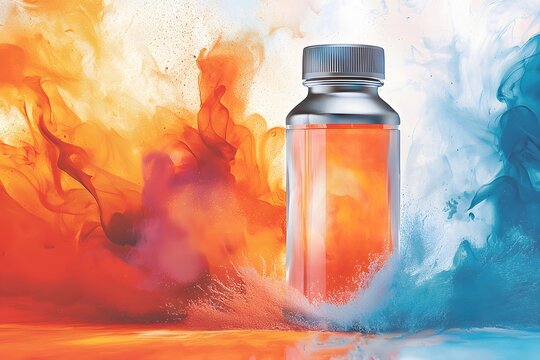 Potion of Elements: A vibrant glass vial contains a radiant, liquid elixir at the core of a dynamic swirling background, embodying the essence of contrasting elemental forces. 