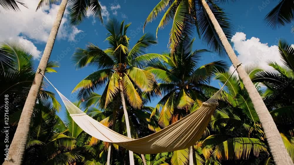 Aufkleber White hammock swinging slowly between two palm trees on a sunny day with blue sky and some clouds, creating a relaxing summer holiday atmosphere