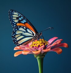 Beautiful butterfly on colorful flower with blue background. A beautiful nature scene with a flying butterfly and blooming flowers