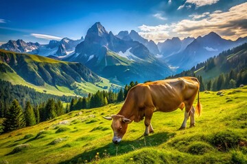 Obraz premium Alpine Brown Cow Grazing: Majestic Drone Shot of Swiss Alps Pasture