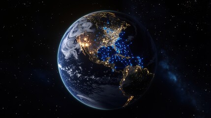 Obraz premium Earth from Space at Night, Detailed View of Cities Illuminated, Planet in Cosmic Background, High-Resolution Astronomical Image for Science and Education