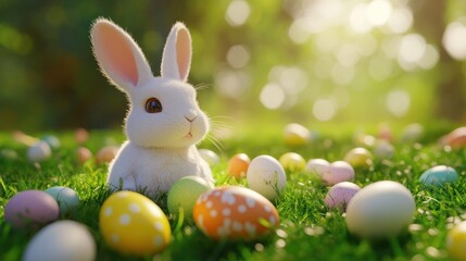 Easter background with cute bunny and colorful eggs in the grass
