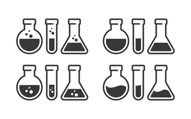 Set of Chemical test tube. Glass tube. Flask template. Glass container. Flask of poison. Jar icon. Medicine vial. Logo template. Laboratory tube. Flask icon. Chemical bottle.
