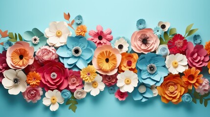 Artistic paper flower arrangement in bold colors surrounding a soft blue background