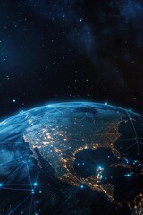 Obraz premium Earth from Space with Night Lights, Global Connectivity, Satellite View of North America, Planetary Technology, Earth Science Illustration