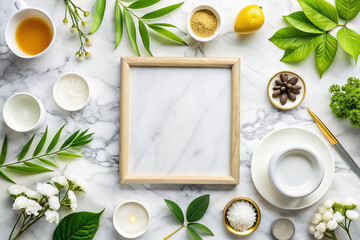 Empty frame, spa, marble, flowers, herbs,  background
