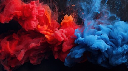 Obraz premium Bold and vivid acrylic blue and red pigments diffusing in water, contrasted sharply against a pitch-black background
