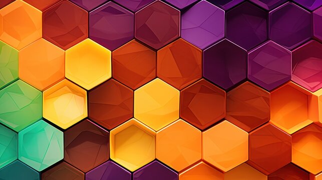 Bold, interlocking hexagonal patterns in contrasting colors like orange, purple, and green, forming a striking abstract background