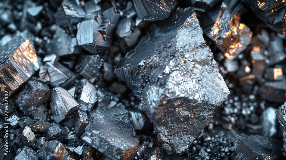 Poster detailed view of metallic mineral crystals displaying distinctive geometric shapes and reflective su