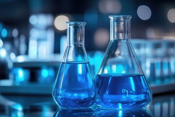 Flask with Mysterious Glowing Blue Scientific Solution in Modern Research Laboratory Setting with Ambient Lighting
