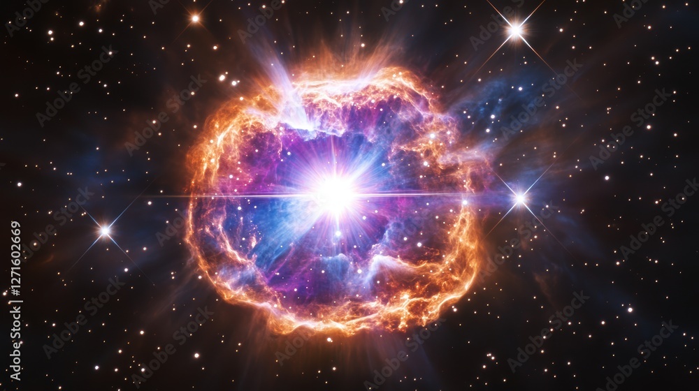 Poster exploring the cosmic wonders: stunning image of a supernova explosion in deep space with vibrant col