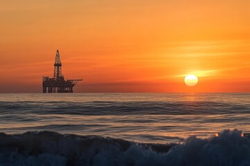 oil rig in the distance against an orange sunset sky