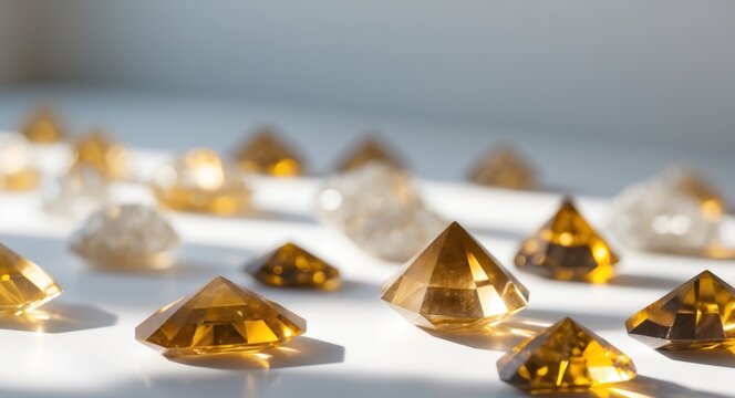 Bright golden and clear crystal stones arranged on a smooth surface showcasing natural beauty and texture.