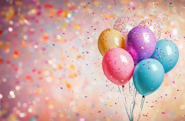 Colorful balloons and confetti flying in the air on a blurred background for a celebration, party or holiday