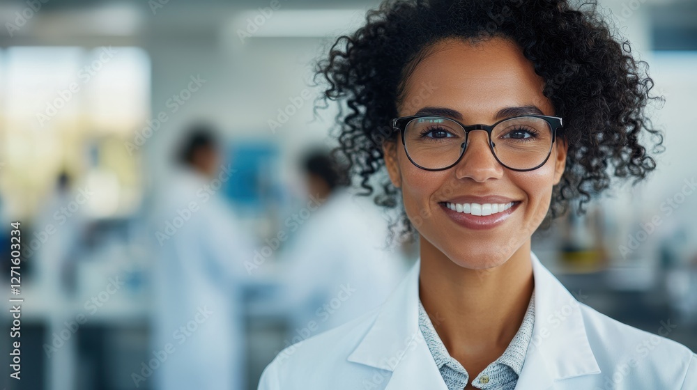 Poster female scientist in lab coat smiling in modern laboratory setting with team of researchers working i