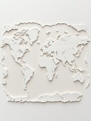 A textured, white world map art piece, showcasing continents in a minimalist style against a light background.