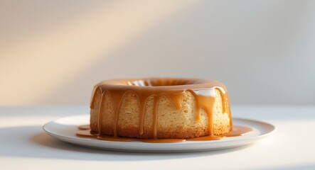 Golden Almond Cake with Caramel Glaze on White Plate.