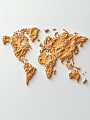 A textured, artistic representation of a world map made from a beige material, emphasizing the continents in a three-dimensional style.