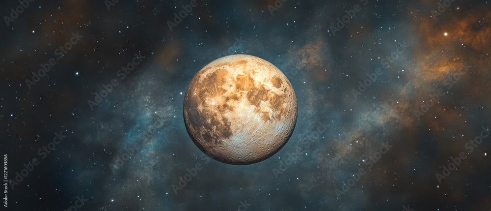 Poster full moon in space with starry background - realistic cosmic scene for astronomy themes and science 