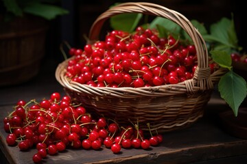 Fresh, plump cherry berries with a deep red hue nestled in a natural wicker basket, showcasing a variety of sizes and textures