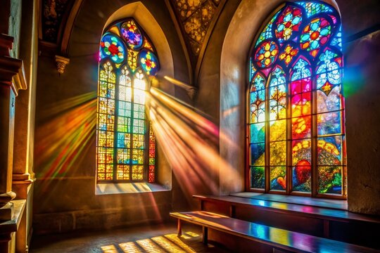 Ancient Monastery Stained Glass Window,  Sunlight Streaming Through Colorful Glass Panels, Candid Photography